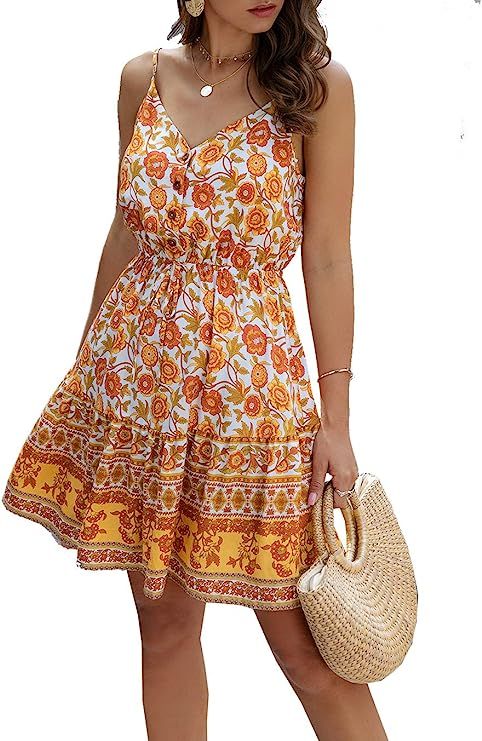 PRETTYGARDEN Women’s Floral V Neck Spaghetti Strap Button Down Sundress Swing Ruffle Summer Min... | Amazon (US)