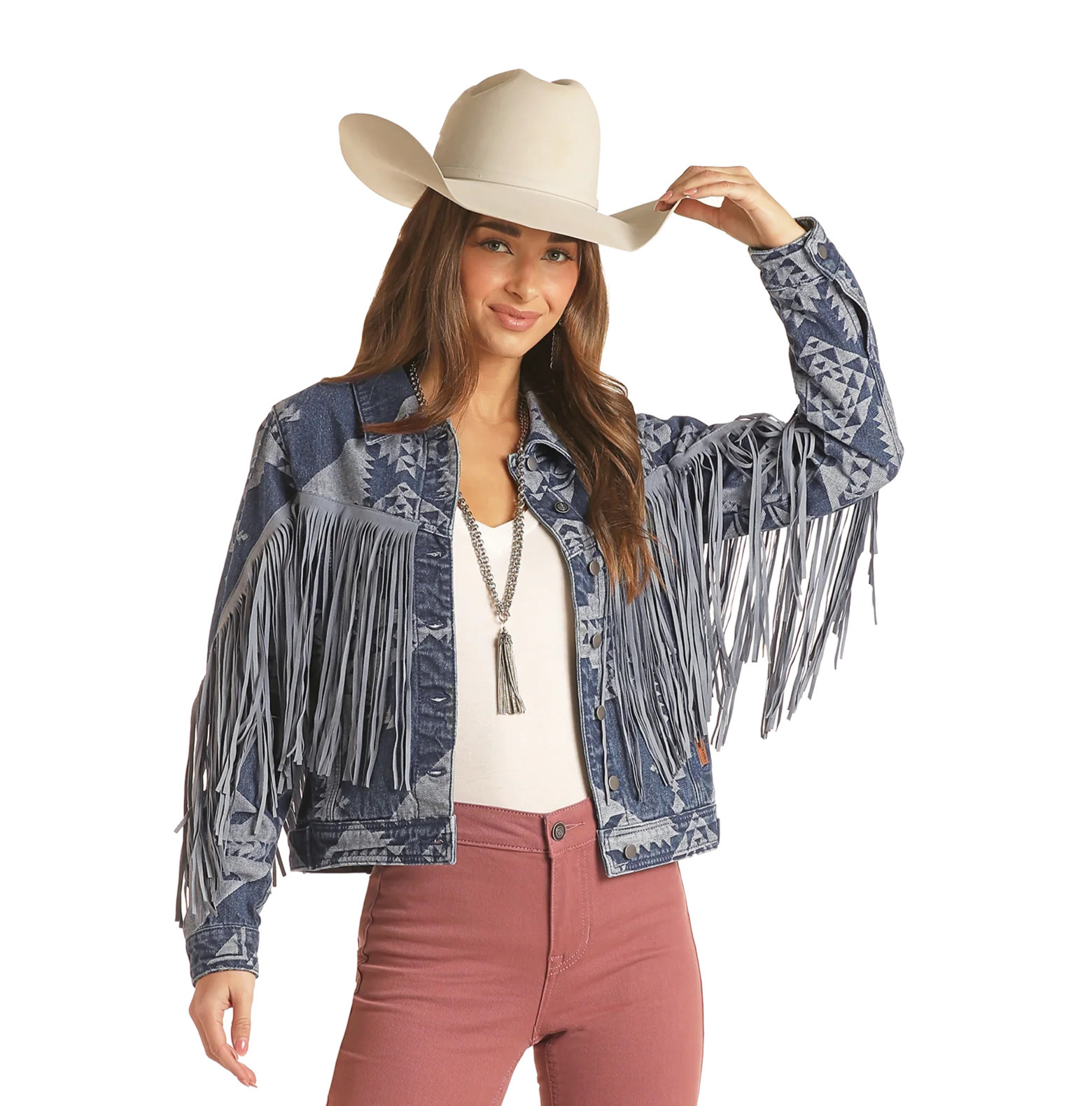 Fringe Aztec Print Denim Jacket | Rock & Roll Denim