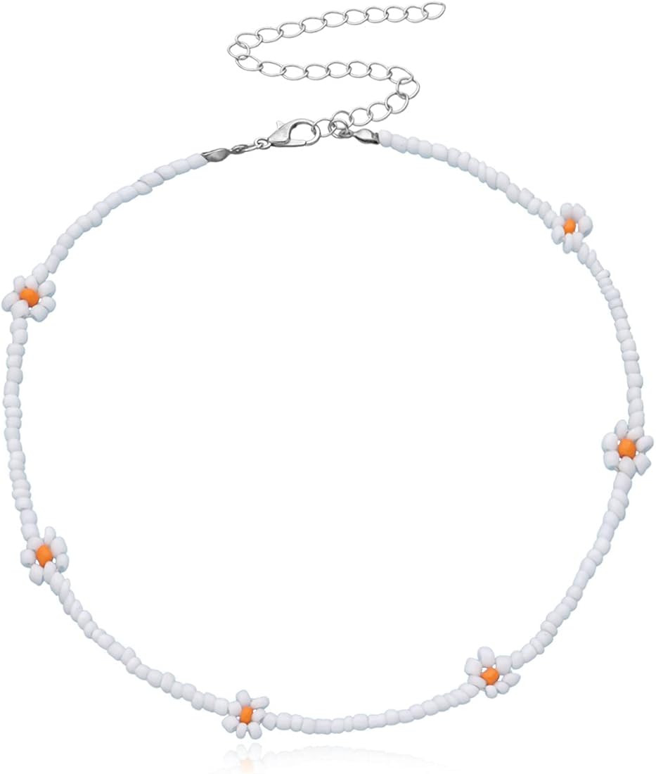 Daisy Flower Boho Coloful Beaded Choker Necklace for Women Handmade Cute Necklace Seed Beads Summ... | Amazon (US)