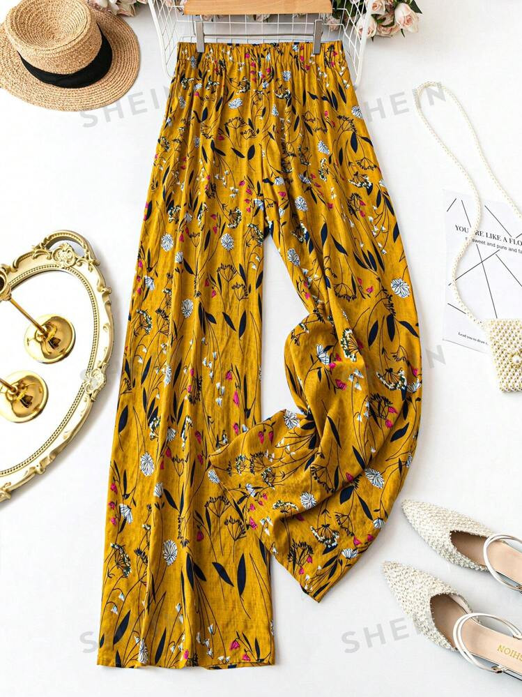 SHEIN VCAY Plus Size Women's Floral Print Wide Leg Loose Pants For Vacation | SHEIN