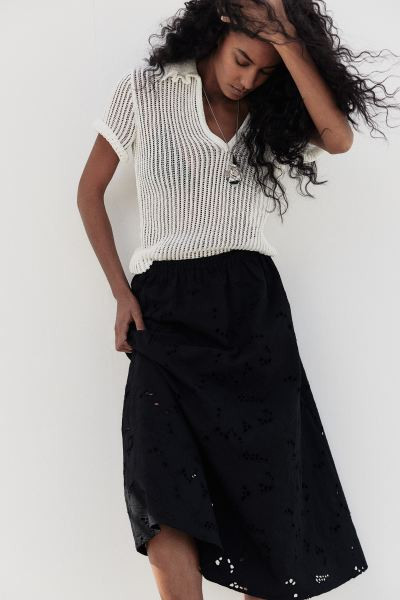 Skirt with Eyelet Embroidery - High waist - Midi - Black - Ladies | H&M US | H&M (US + CA)