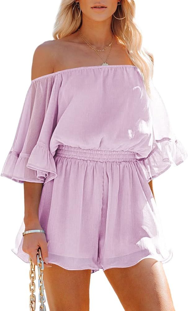 Fixmatti Women Boho Summer Romper Casual Floral Print Off Shoulder Strapless Shorts Jumpsuits | Amazon (US)