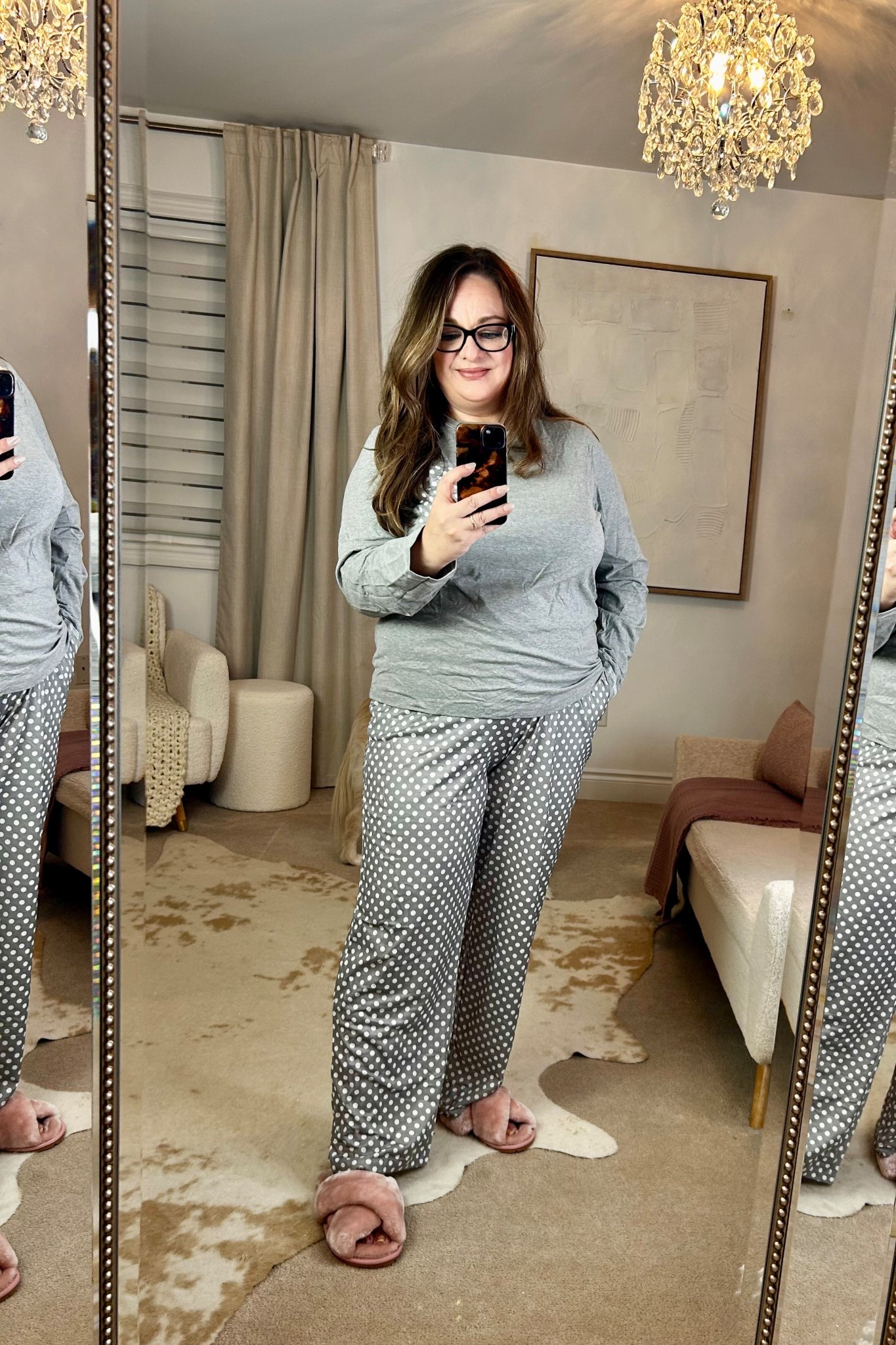 Pjs, fuzzy slippers 

#LTKdayinmylife #LTKmomlife #LTKOver40