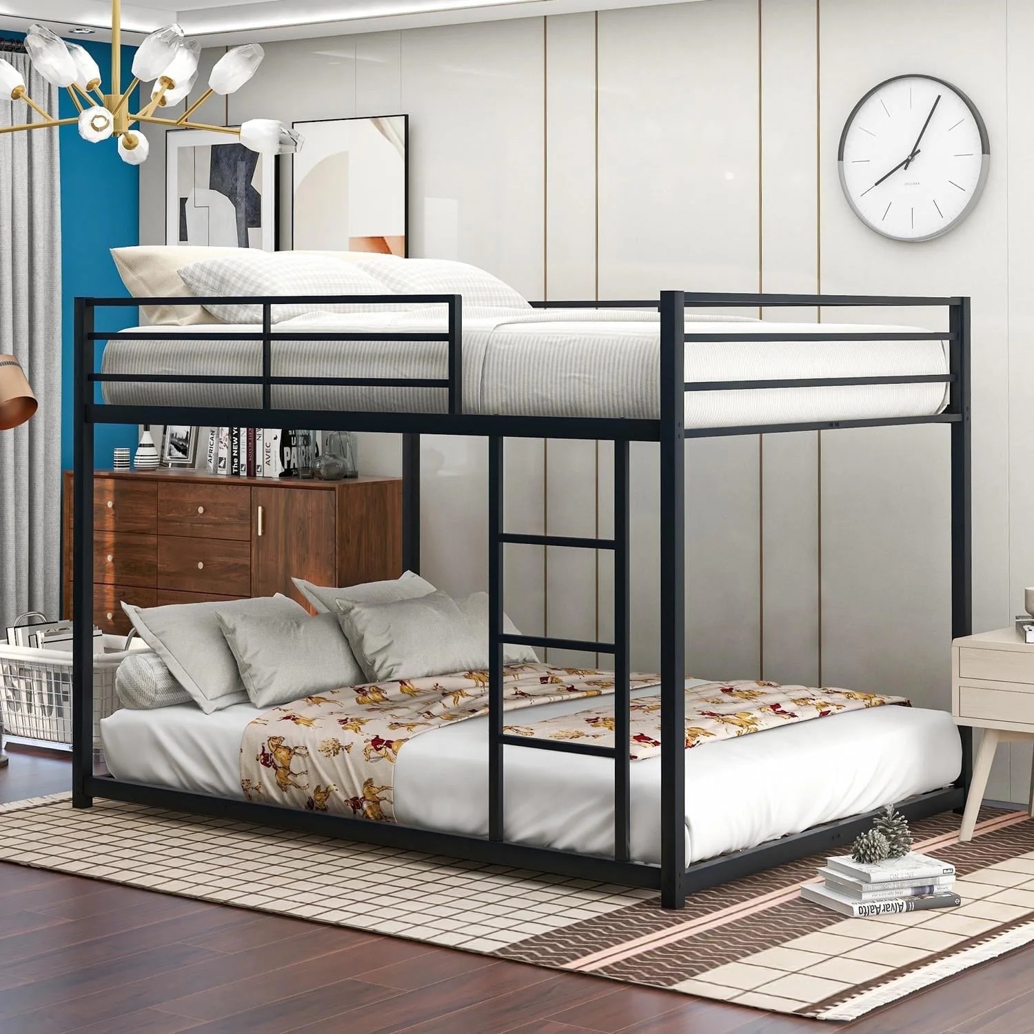 Full Over Full Low Bunk Bed, Metal Bed Frame with Ladder, Load-Bearing 350lb, Black | Walmart (US)