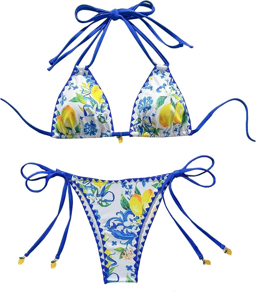 Verdusa Women's 2 Piece Cheeky Halter Bikini Sets Fruit Print Boho Swimsuits Vacation Outfits | Amazon (US)
