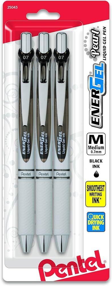 Pentel EnerGel Pearl Retractable Gel Pen, (0.7mm) Metal Tip, Medium Point, Accent, Black Ink 3-PK | Amazon (US)