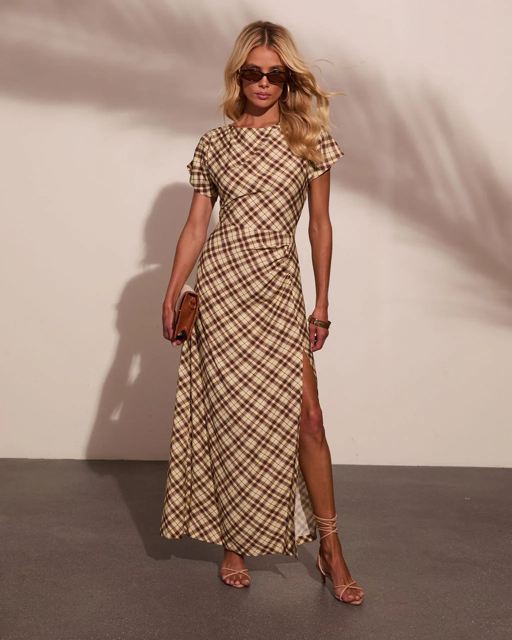 Collected Calm Ruched Plaid Maxi Dress | VICI