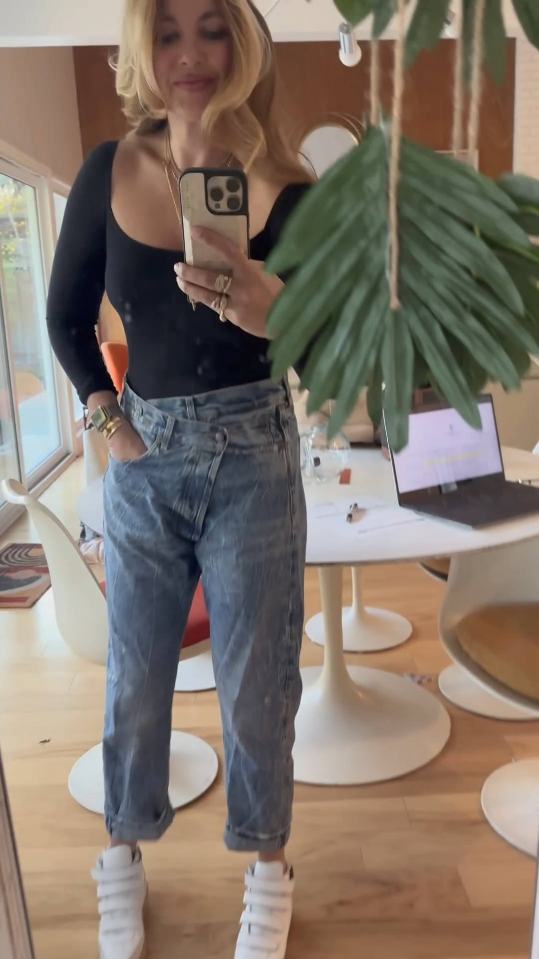 Black bodysuit, oversized jeans, r13, crossover denim, high tops, Velcro high tops, Isabel Marant, hot rollers 

One of my favorite outfits of life. ⚡️
Bodysuit: medium 
Jeans: 27
High tops: run small…size up 1 size
 

#LTKbeauty #LTKshoecrush #LTKGiftGuide