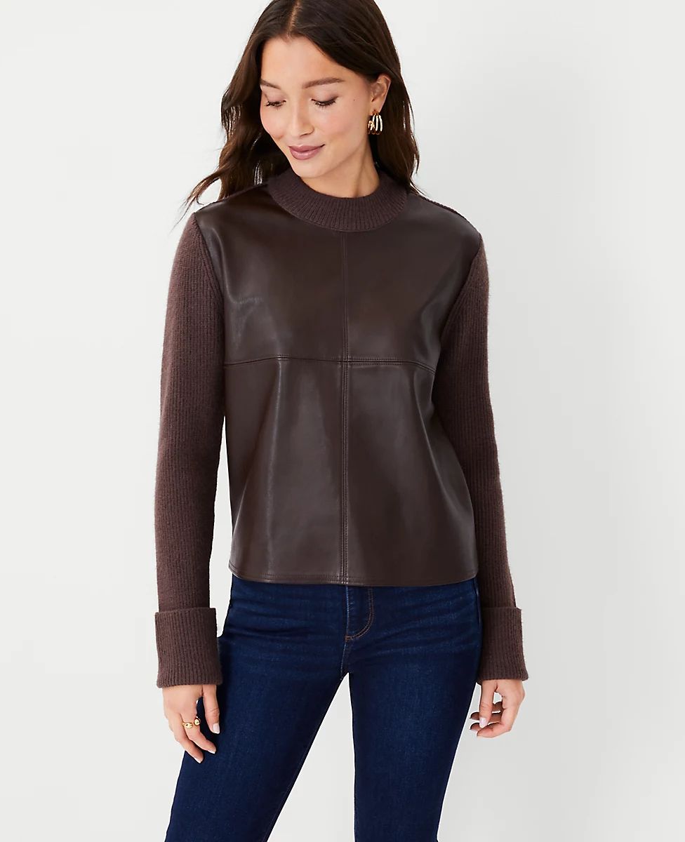 Faux Leather Mixed Media Sweater | Ann Taylor (US)