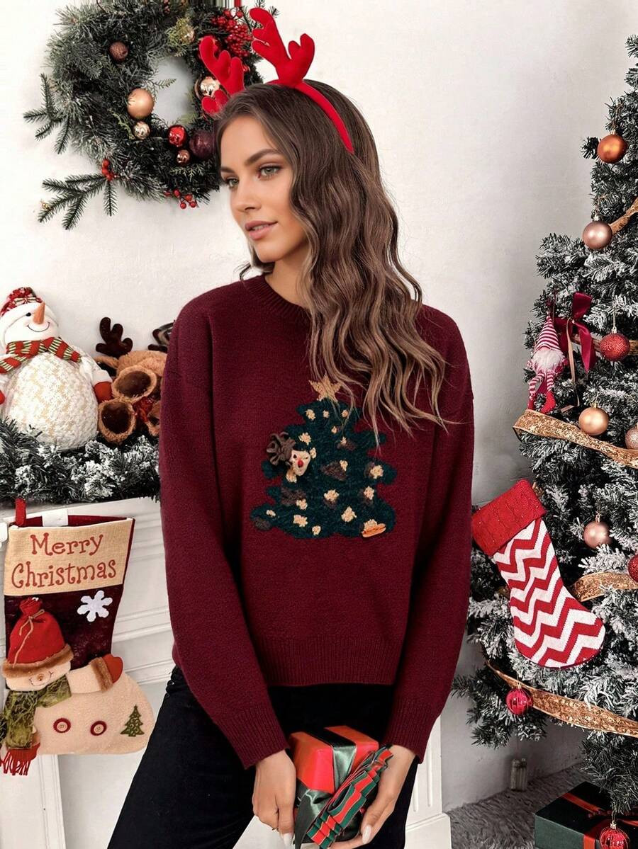Women's New Christmas Tree 3D Pattern Soft Fleece Knitted Long Sleeve Crew Neck Burgundy Sweater,... | SHEIN