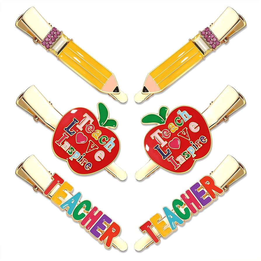 6 Pack Teacher Hair Clips in Pencil, Teacher & Apple Designs - Rhinestone Embellished Hair Access... | Amazon (US)