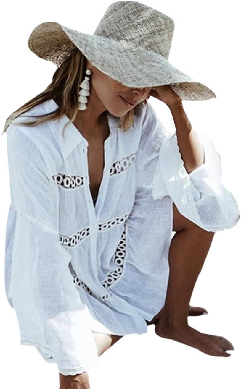 Women's Cotton Beachwear Bikini Swimwear Beach Club Sexy Lace Cover up Tops Bathing Suit White | Amazon (US)