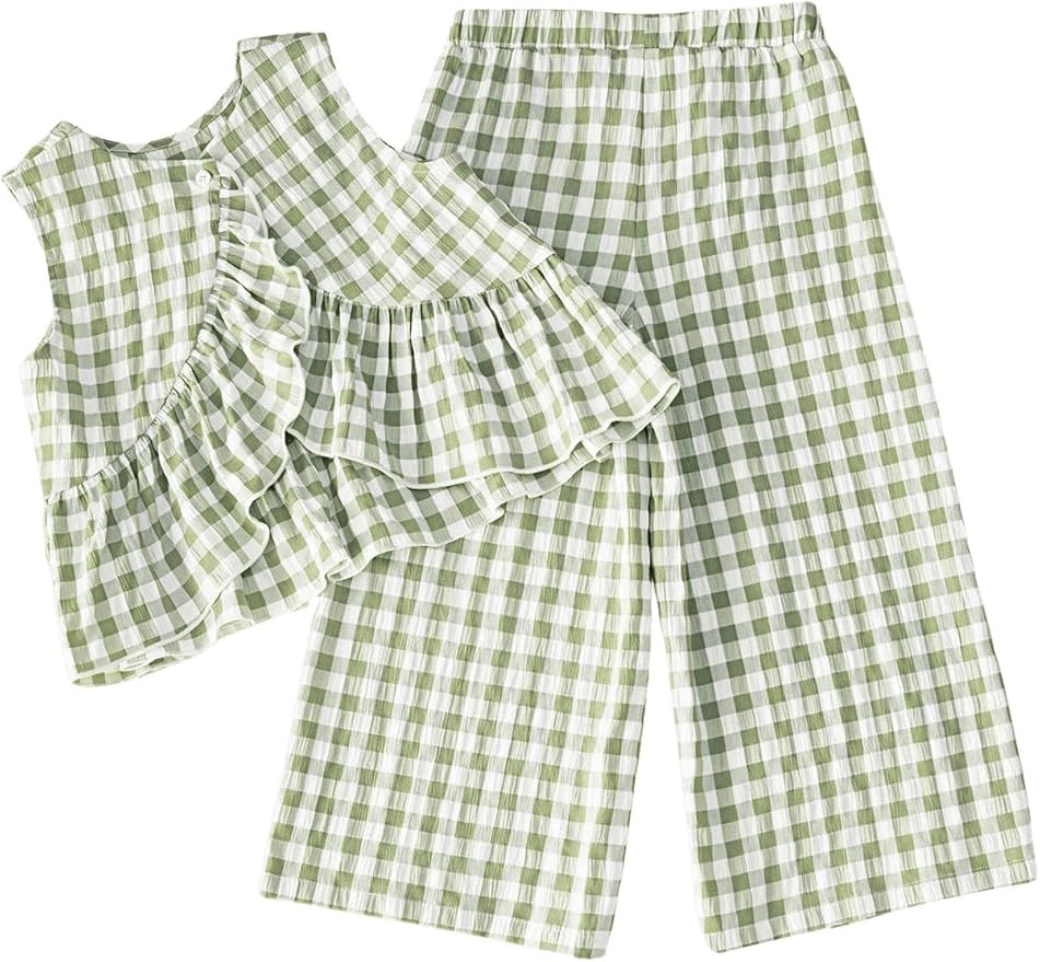 GORGLITTER Girl's Two Piece Outfits Gingham Plaid Ruffle Tank Top and Wide Leg Pants Vacation Out... | Amazon (US)
