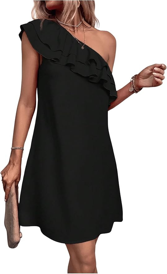 Floerns Women's One Shoulder Tiered Layered Sleeveless Ruffle Trim Tunic Dress | Amazon (US)