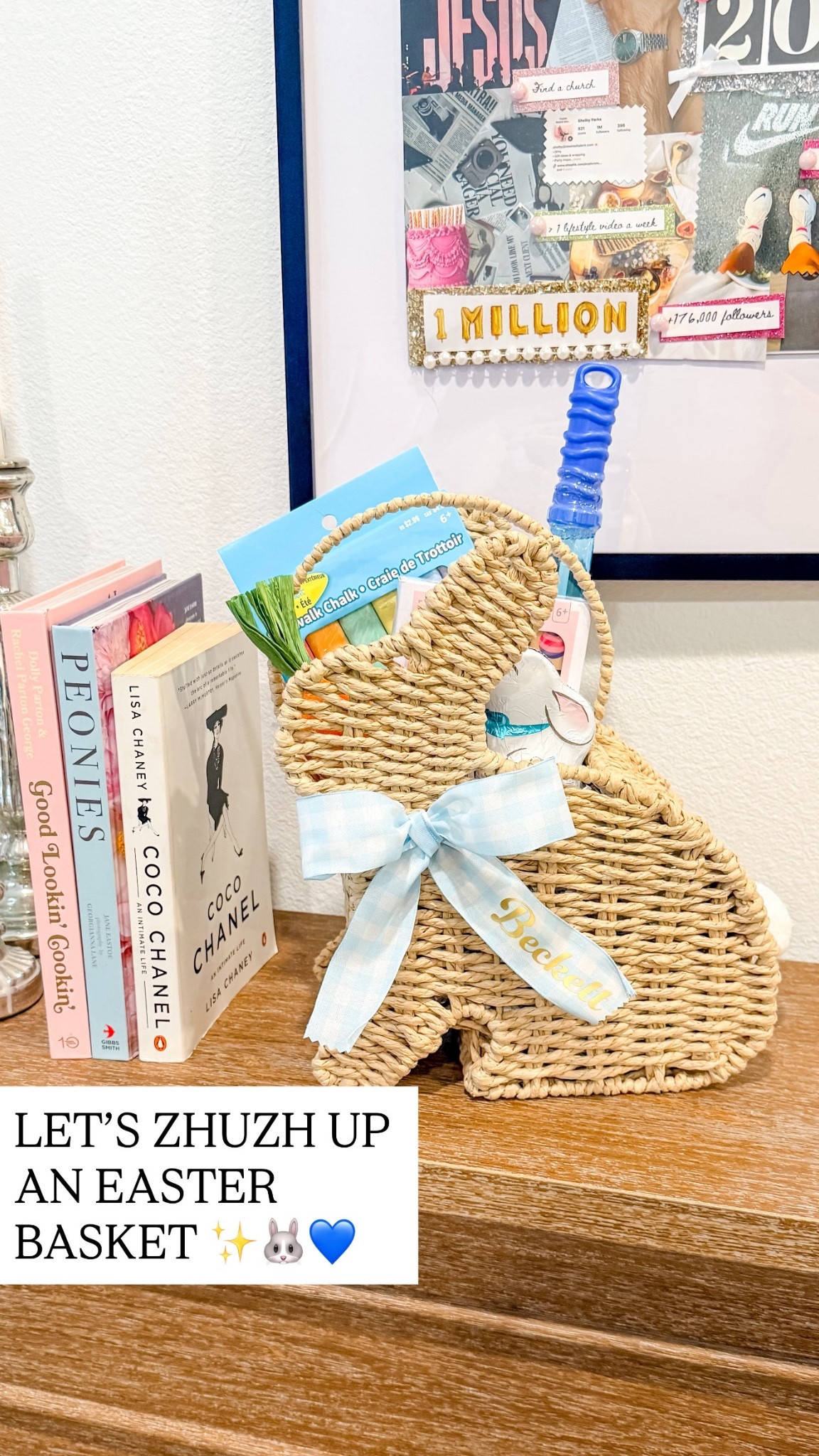 The supplies I used to ✨zhuzh up✨ the craft store Easter basket 