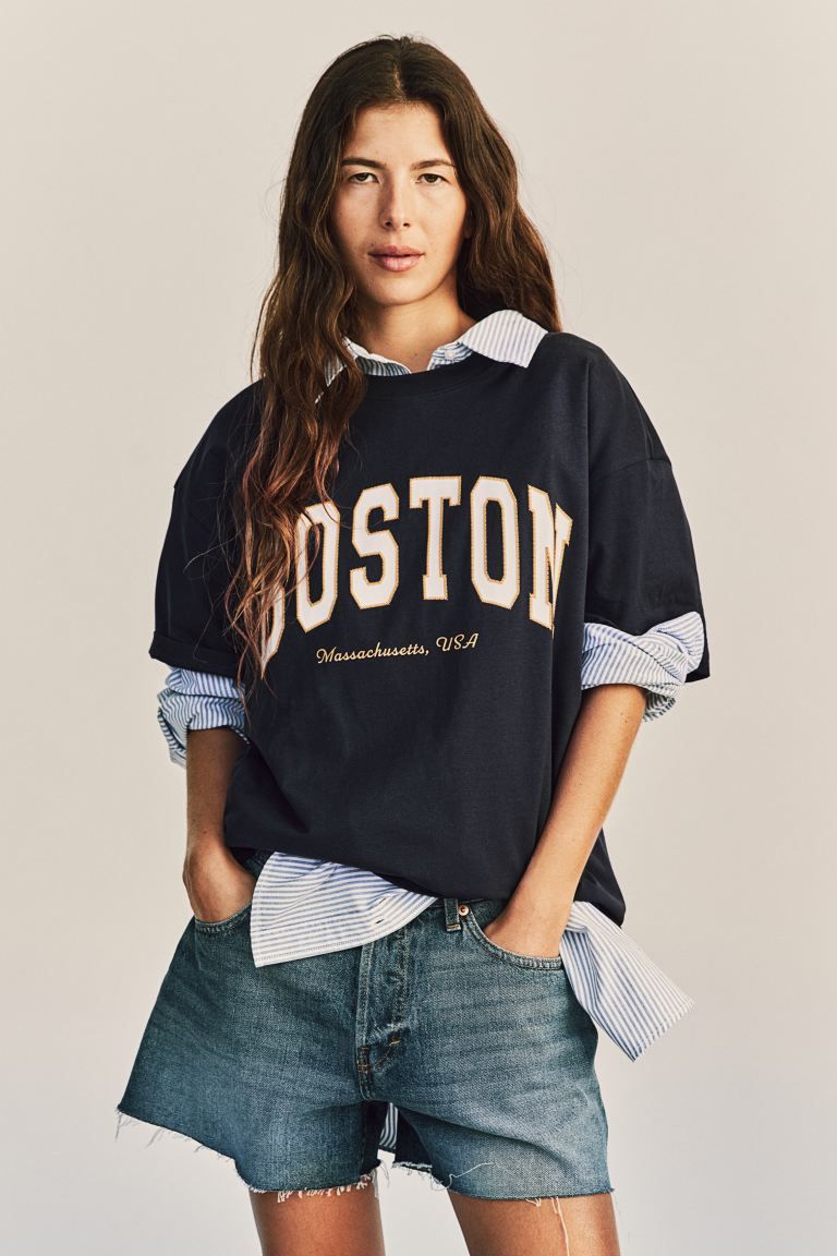 Printed T-shirt - Navy blue/Boston - Ladies | H&M US | H&M (US + CA)