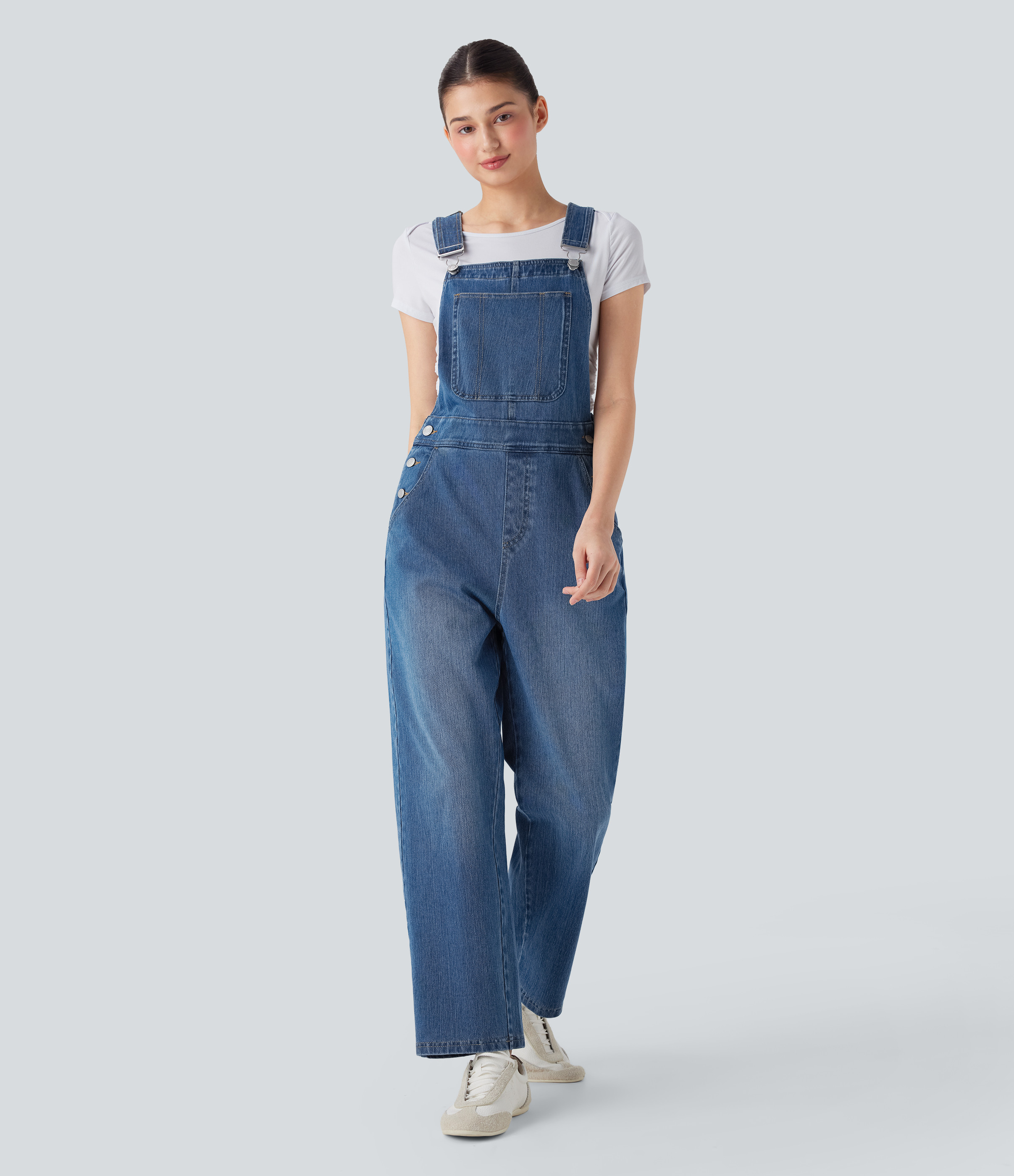 Halara Halara Flex™ Straight Leg Denim Casual Overalls with Pockets - Cerulean Blue Denim - M(regular) | HALARA