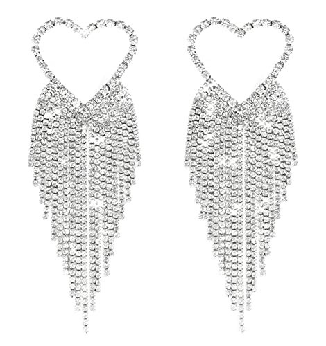 Fashion Silver Heart Rhinestone Dangling Tassel Earrings for Women, Big Long Statement Wedding Bridal Drop Dangle Earrings for Women and Girls | Amazon (US)