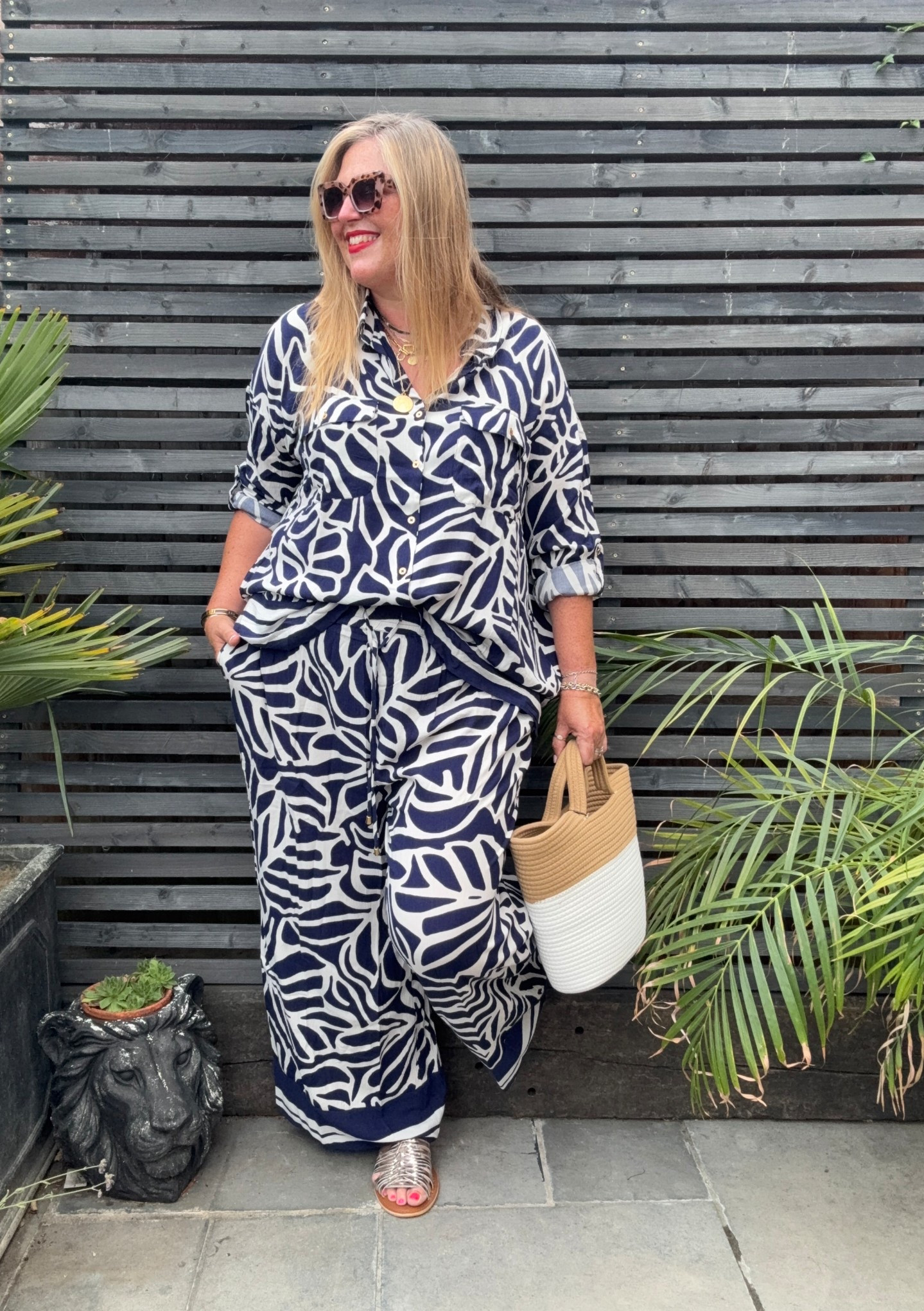 Blue patterned trousers coord, gold sandals, rope bag

#LTKplussize #LTKcurves #LTKsummer