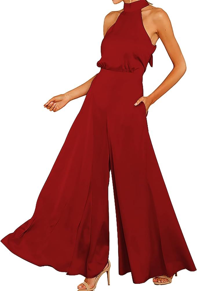 Womens Sleeveless Halter Tied Jumpsuit with Pockets High Waist Wide Leg Pants for Women | Amazon (US)