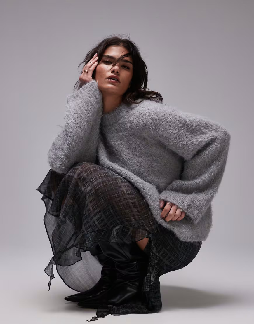 Topshop knitted ultra fluffy oversized jumper in grey | ASOS (Global)