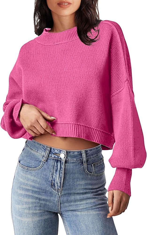 MEROKEETY Women's Crewneck Cropped Sweater 2023 Fall Batwing Sleeve Oversized Side Slit Ribbed Kn... | Amazon (US)