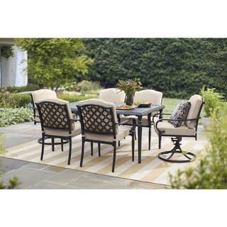 Hampton Bay Laurel Oaks 7-Piece Black Steel Outdoor Patio Dining Set with CushionGuard Putty Tan ... | The Home Depot