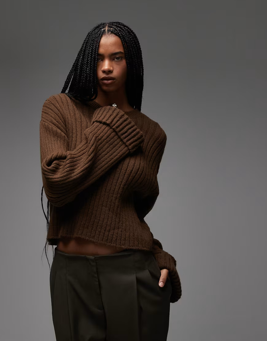 ASOS DESIGN knitted jumper with turn up cuff in brown | ASOS (Global)