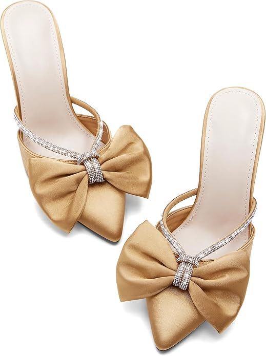 Coutgo Womens Bow Heels Mules Pointed Closed Toe Sandals Rhinestone Satin Backless Wedding Shoes | Amazon (US)