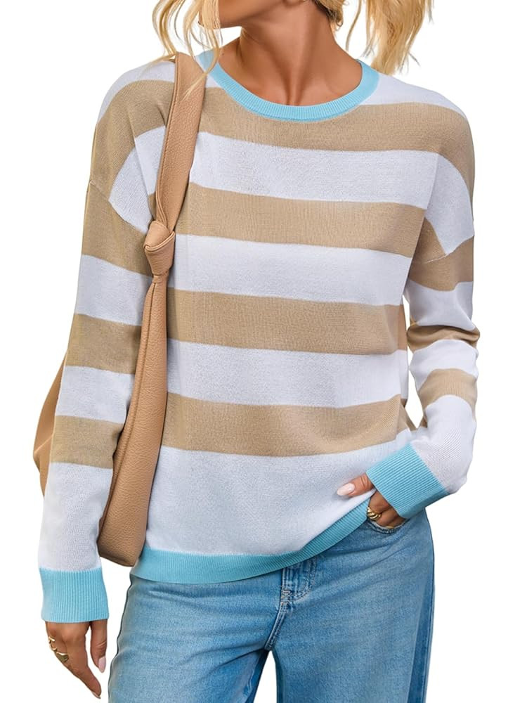 Yousify Womens Long Sleeve Color Block Shirts Casual Loose Fit Striped Tops Knit Lightweight Pull... | Amazon (US)