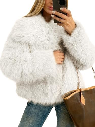 Funlingo Women's Faux Fur Coat Winter Long Sleeve Lapel Cropped Jacket Warm Shaggy Overcoat | Amazon (US)