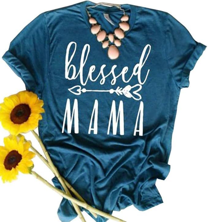 JINTING Blessed Mama Tee Shirt for Women Short Sleeve Letter Printed Graphic Mama Gifts Tee Shirt... | Amazon (US)