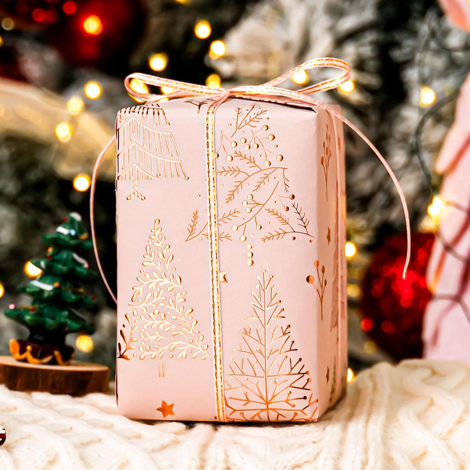 Homeral Christmas Wrapping Paper Roll - 3D Embossed Foil Tree & Star, Rose Gold Pink foil for Chr... | Amazon (US)