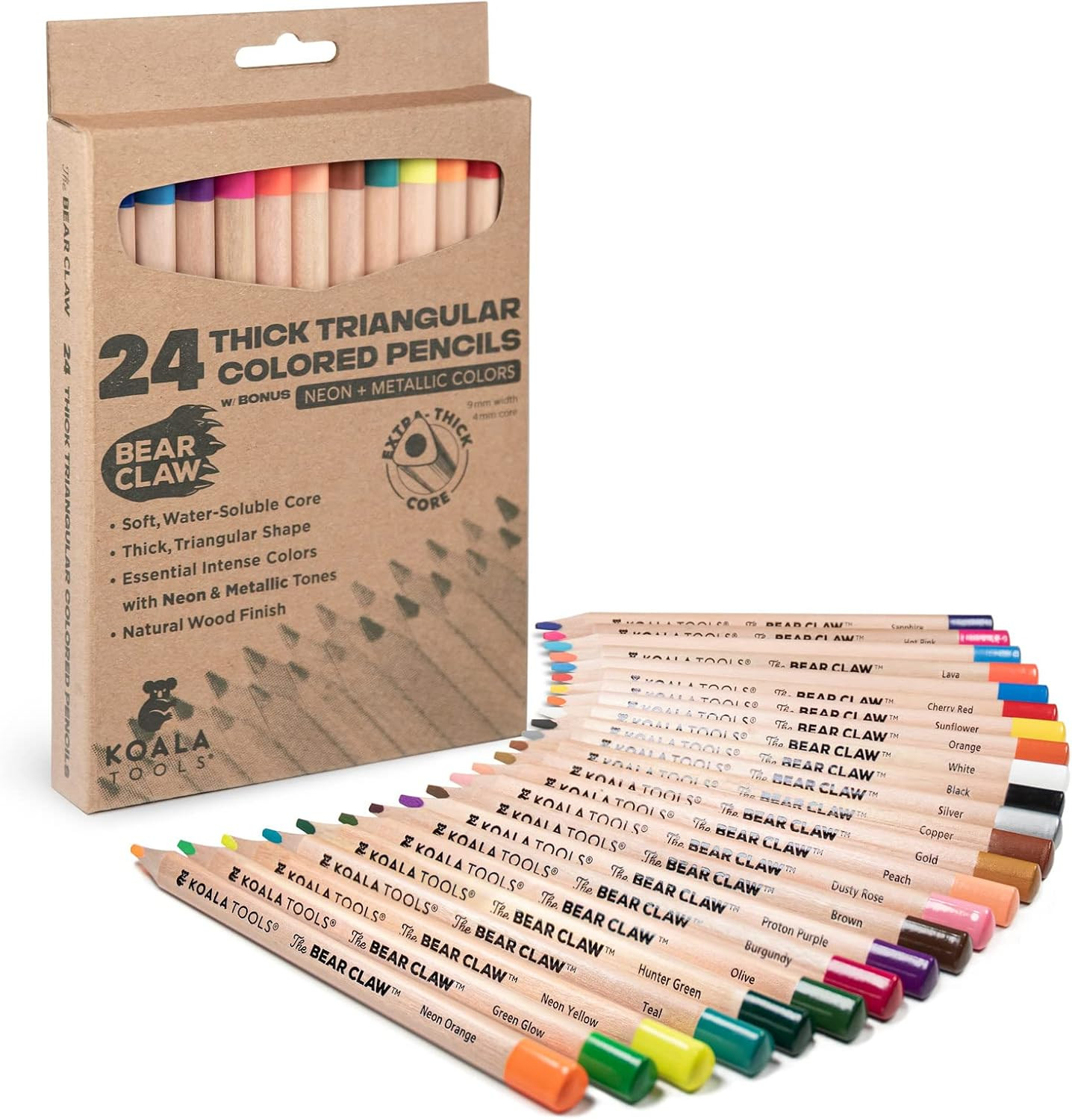 KOALA TOOLS - Bear Claw Colored Pencils for Adults and Kids, Water Soluble Color Pencils with Triangular Grip for Art and Shading, Includes Neon and Metallic Colors, Pack of 24 | Amazon (US)