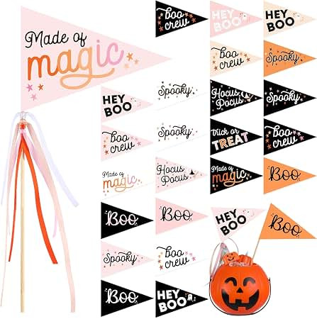 Eersida 24 Pcs Halloween Boo Basket Pennant Flag Ghost Handheld Stick Flags | Ghost Flag on Wood ... | Amazon (US)