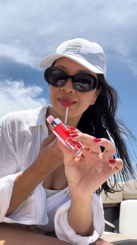 Dior Addict Lip Maximizer in Cherry, Celine Oval sunglasses, Rails Ellis Top 
