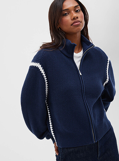 Contrasting overcast seams zippered reprocessed cotton cardigan | Simons