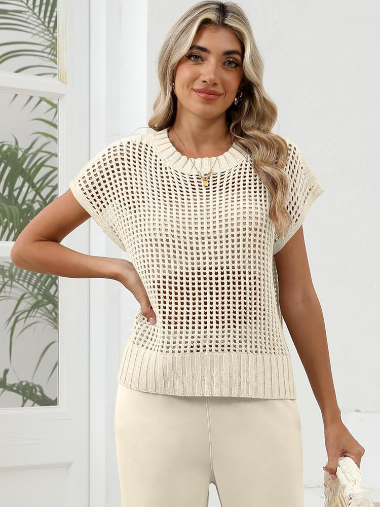 OUKODS Women Summer Short Sleeve Crochet Sheer Knit Sweater Top Beach Cover Up Hollow Out Sexy Se... | Amazon (CA)