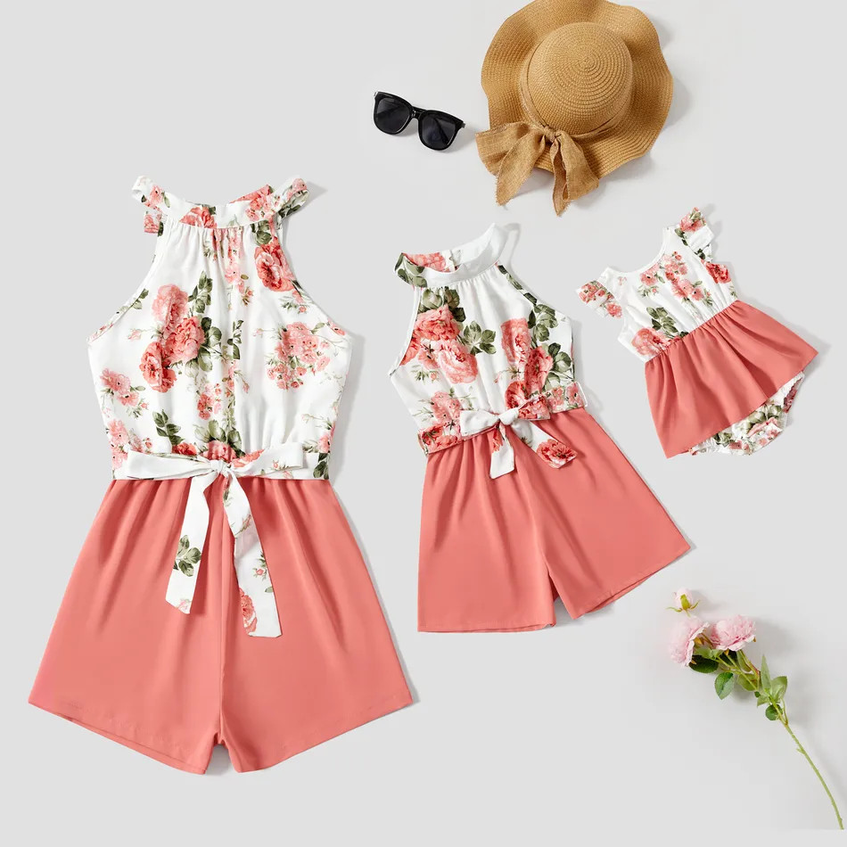 Mommy and Me Floral Print & Solid Spliced Halter Neck Sleeveless Belted Romper Shorts | PatPat