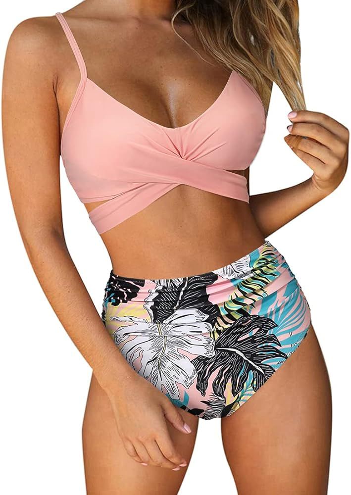 RUUHEE Women Criss Cross High Waisted String Floral Printed 2 Piece Bathing Suits | Amazon (US)