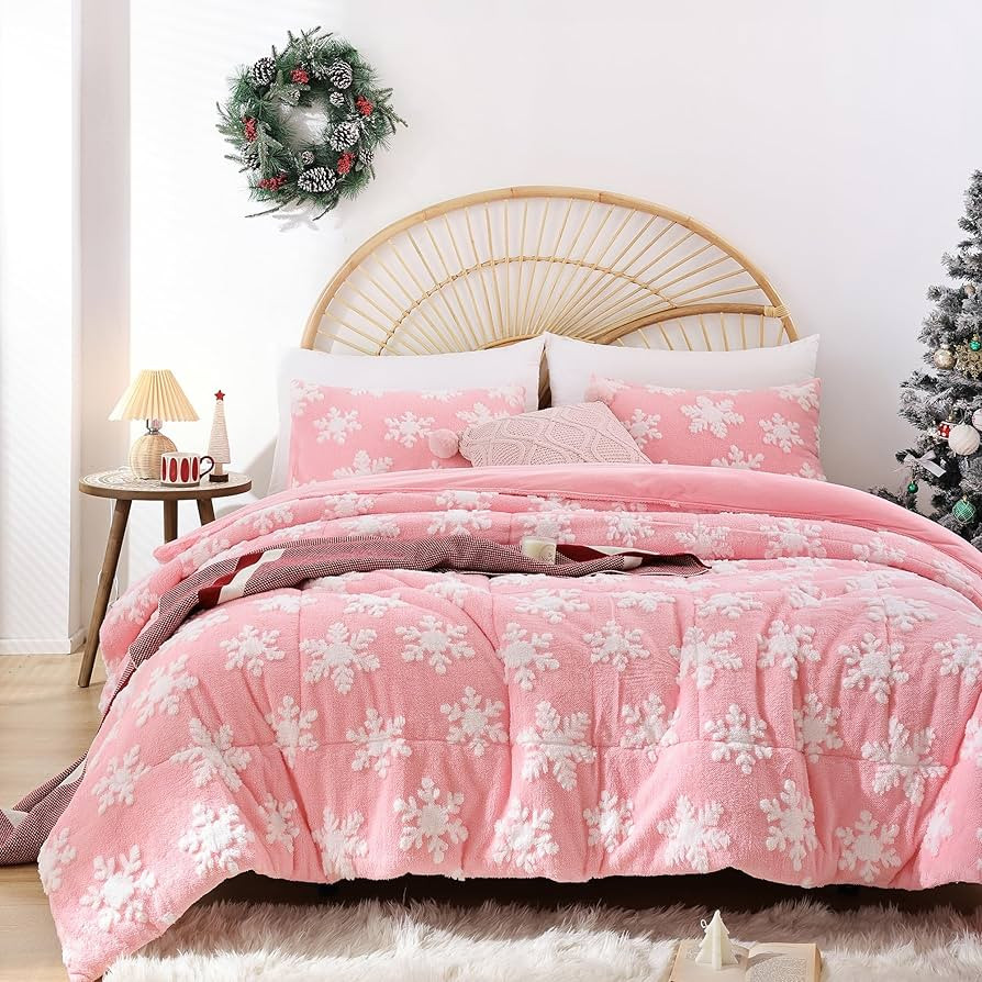 JANZAA Christmas Bedding Duvet Cover Queen Pink Duvet Cover Queen with White Snowflake Stereoscop... | Amazon (US)