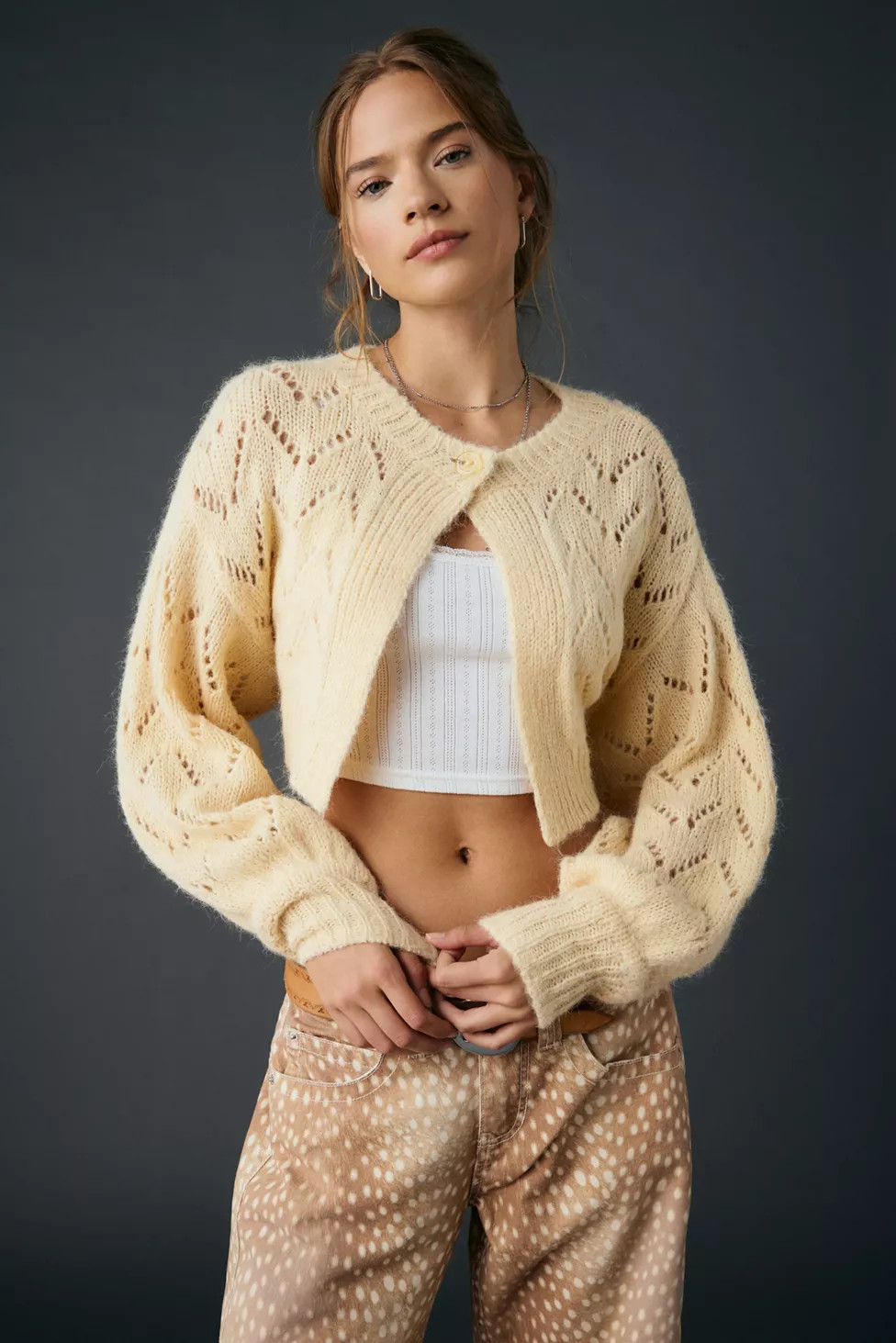 Kimchi Blue Pointelle Knit Tie-Back Cropped Shrug Cardigan | Urban Outfitters (US and RoW)