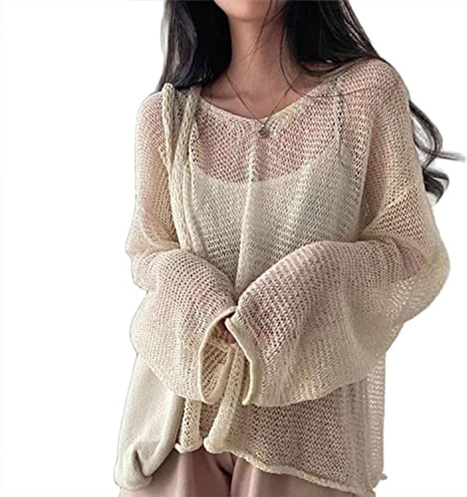 KIEKIECOO Womens Crochet Cover Up Net Sweaters Lightweight Loose Knit Coverup Long Sleeve Summer ... | Amazon (US)