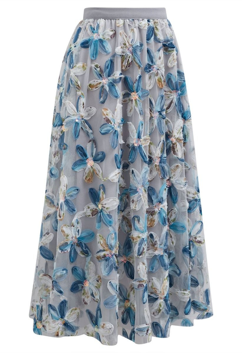 Petal Symphony Double-Layered Mesh Midi Skirt in Blue | Chicwish