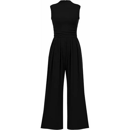 PRETTYGARDEN Womens Summer Jumpsuits Dressy Casual One Piece Outfits Sleeveless Mock Neck Wide Leg Pants Rompers with Pockets | Walmart (US)