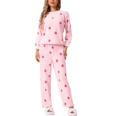 cheibear Women's Flannel Winter Cute Printed Long Sleeve Pajama Sets Strawberry Pink X-Large | Target