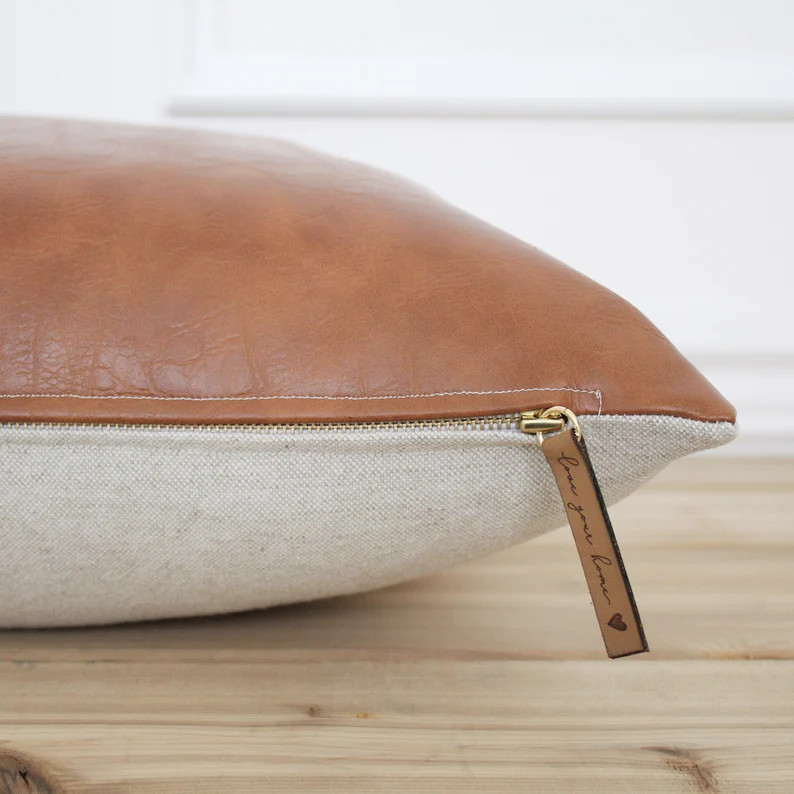 Cognac Faux Leather Pillow Cover •  Camel Leather • Brown • Lumbar Pillow • Decorative Pi... | Etsy (US)
