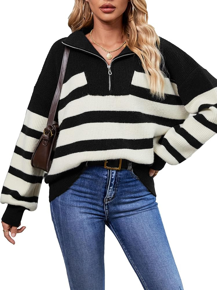 SuperPrity Womens Sweaters Oversized Striped Quarter Zip Long Sleeve V Neck Knit Pullover Tops 20... | Amazon (US)