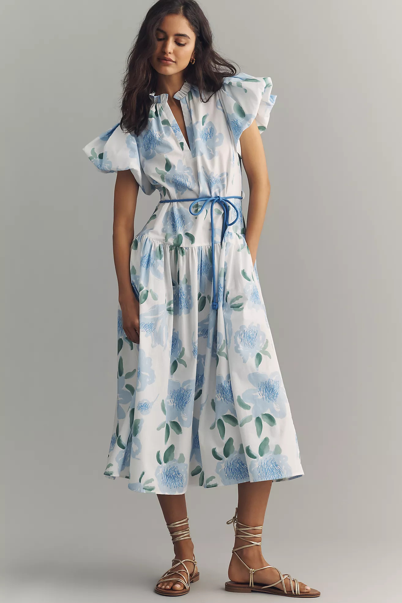 De Loreta Gabo Cotton Puff-Sleeve Midi Dress | Anthropologie (US)