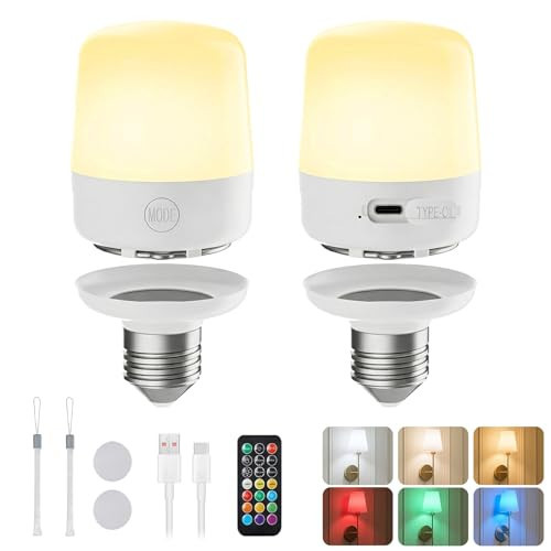 Minetom E26 Rechargeable Light Bulbs with Remote and Timer, Battery Backup Bulb with 12 Colors and Brightness Dimmable, 2300mAh 40W Equivalent LED Light Bulbs for Lamps Sconces Camping, 2 Pack | Amazon (US)
